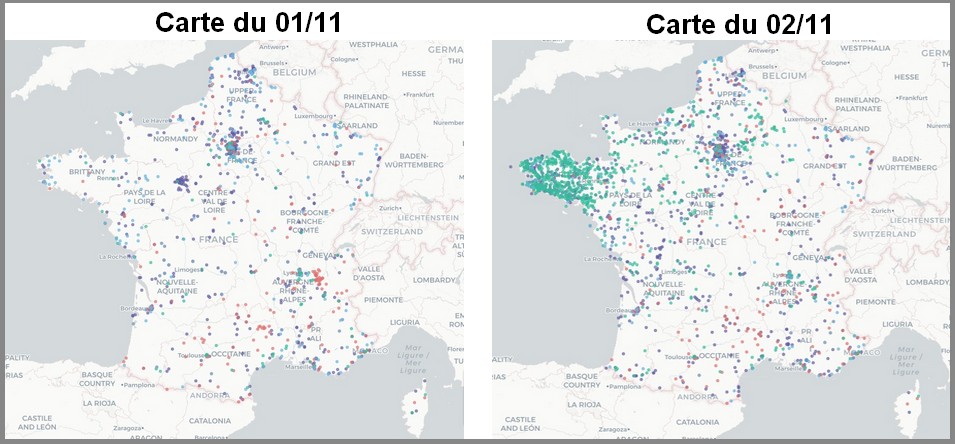 La carte de France des antennes mobiles hors service le 01 et le 02 novembre après la tempête Ciaran