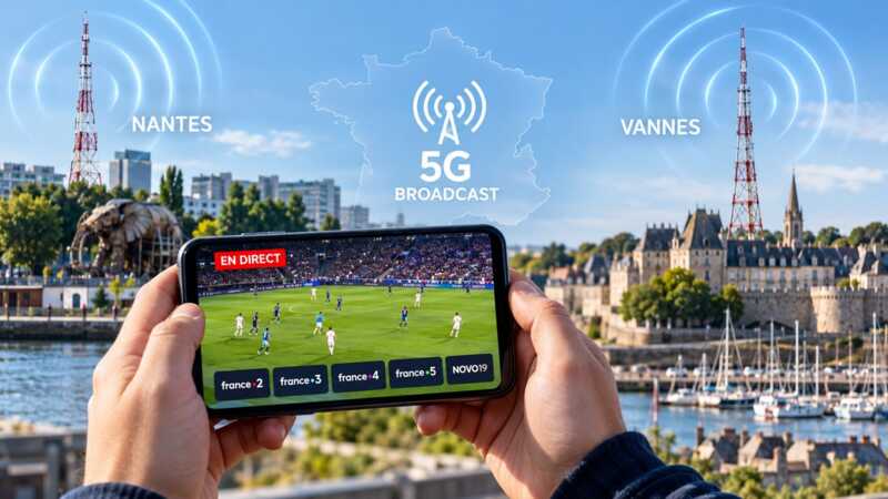 Un homme regarde la TV sur son smartphone via la 5G Broadcast
