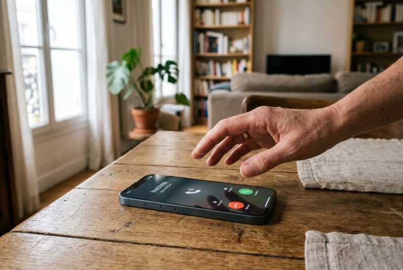 Main hésitant à décrocher un iPhone posé sur une table en bois affichant un appel entrant.