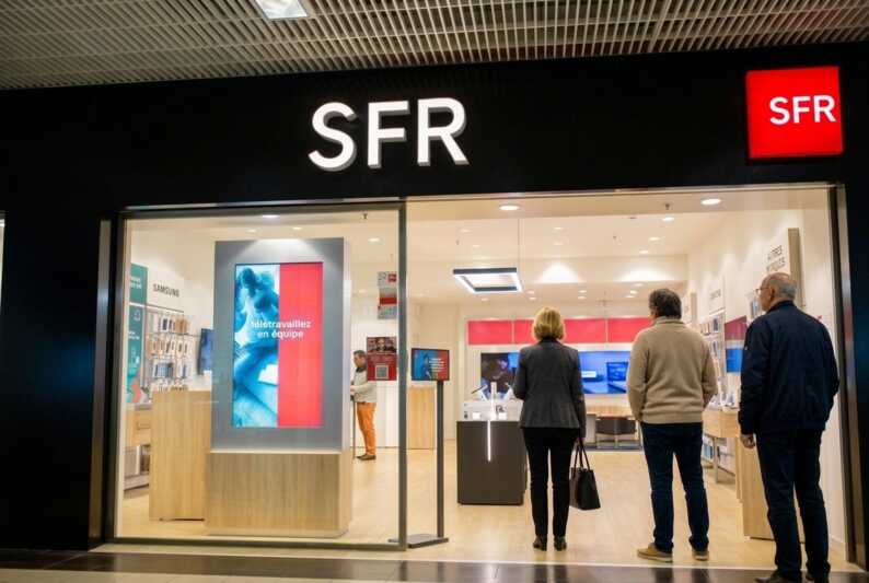 Devanture d'une boutique SFR avec deux clients