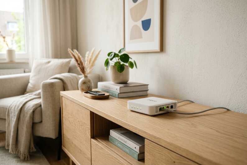 Box fibre internet posée sur un meuble avec un câble réseau branché.