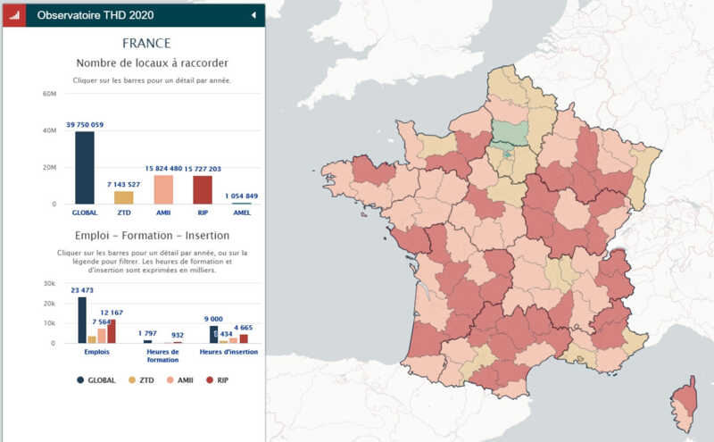 Carte de l'emploi dans la fibre optique en France