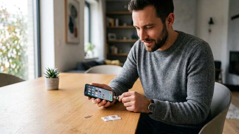 Un homme change la carte SILM de son téléphone pour changer d'opérateur