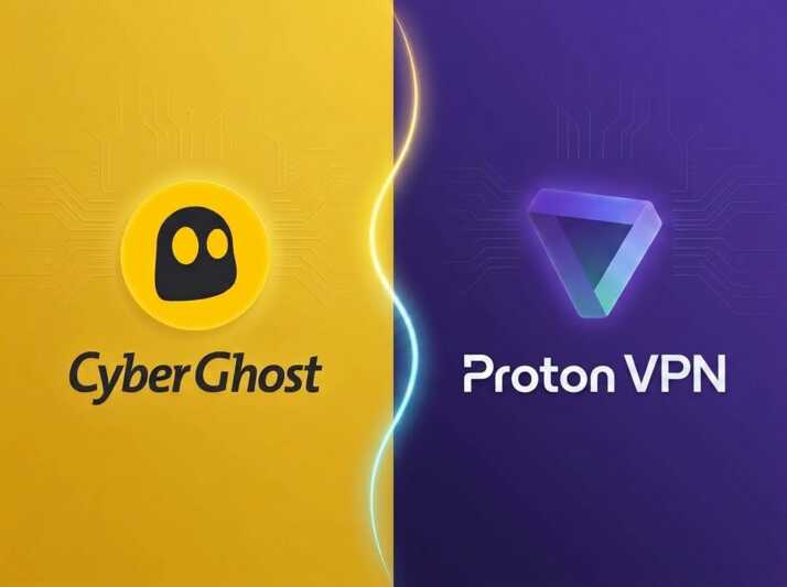 Comparaison visuelle entre les logos de CyberGhost et Proton VPN sur un fond divisé en deux nuances de violet.