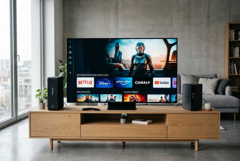Deux box internet Orange et Free posées sur un meuble TV sous un écran diffusant du contenu en streaming.