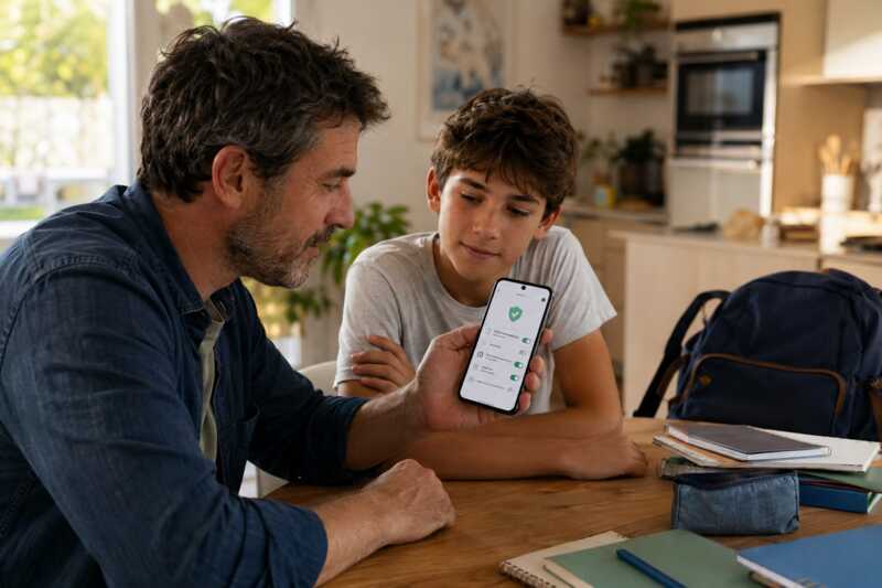 Père et adolescent configurant le blocage des sites pour adultes sur un smartphone