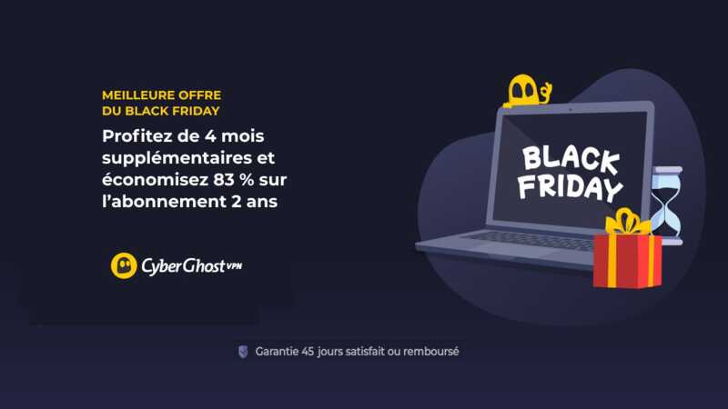 Pour le Black Friday, Cyberghost VPN propose une remise exceptionnelle de 83%.
