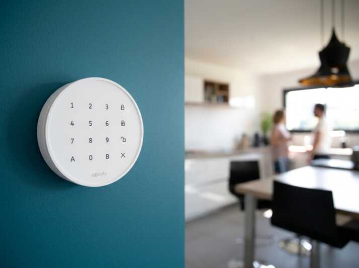 Digicode Somfy blanc fixé sur un mur bleu canard avec un arrière-plan flou représentant une cuisine.