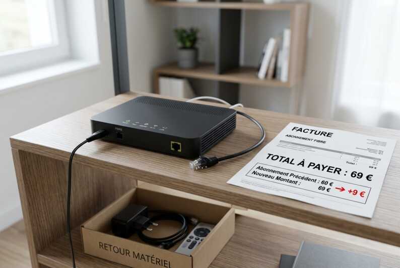 Box fibre sur étagère avec câble débranché, facture de 69 euros en hausse de 9 euros et carton de retour matériel.