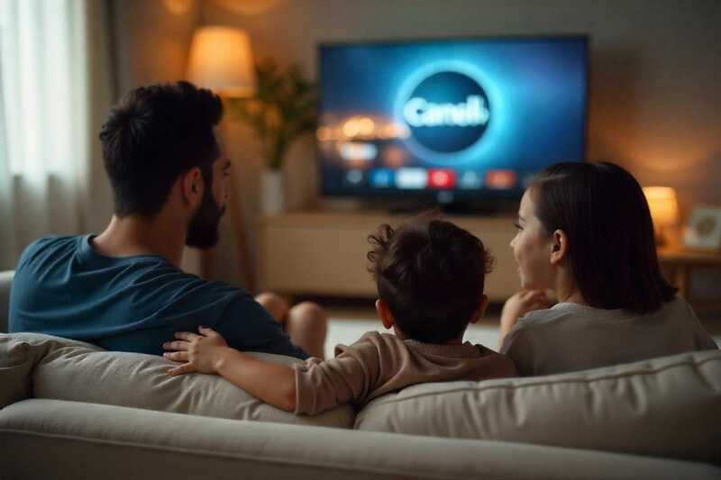 Une famille regarde la TV ans son salon