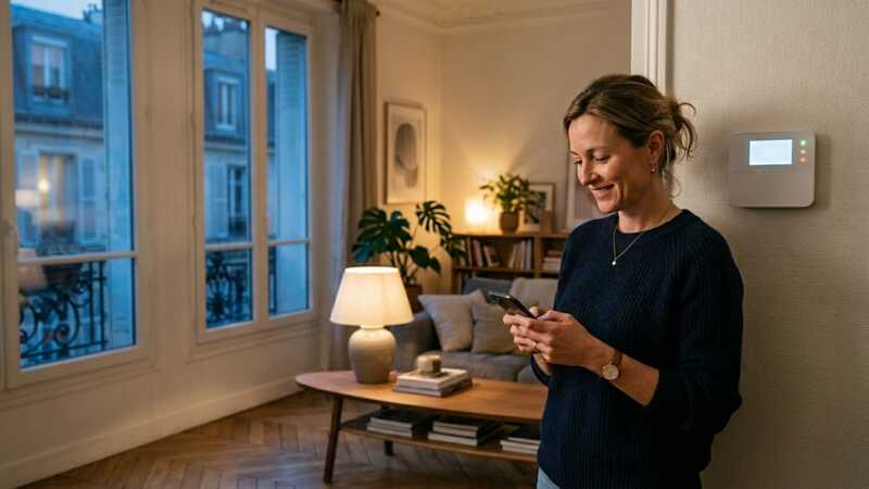 Femme utilise une alarme dans son appartement