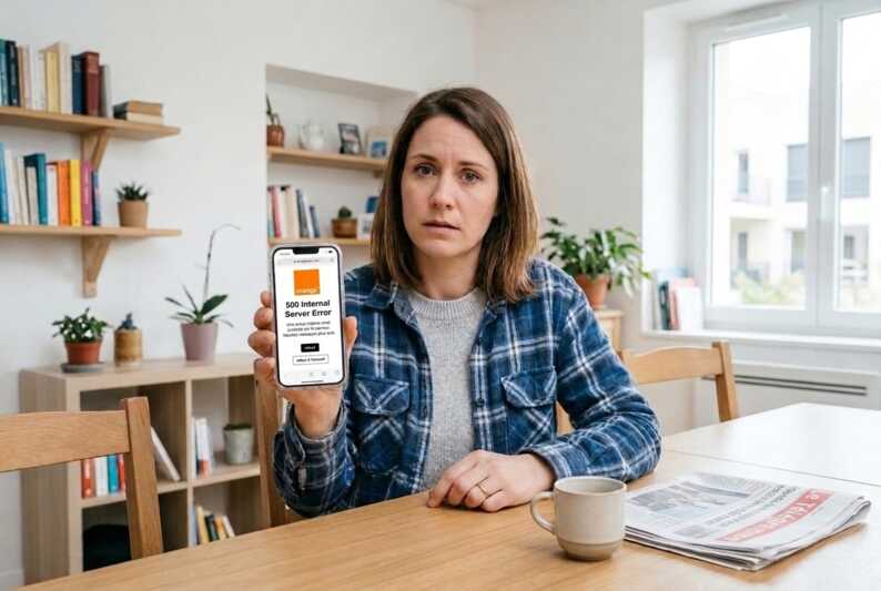 Femme de 30 ans tenant un iPhone affichant le message Réseau indisponible