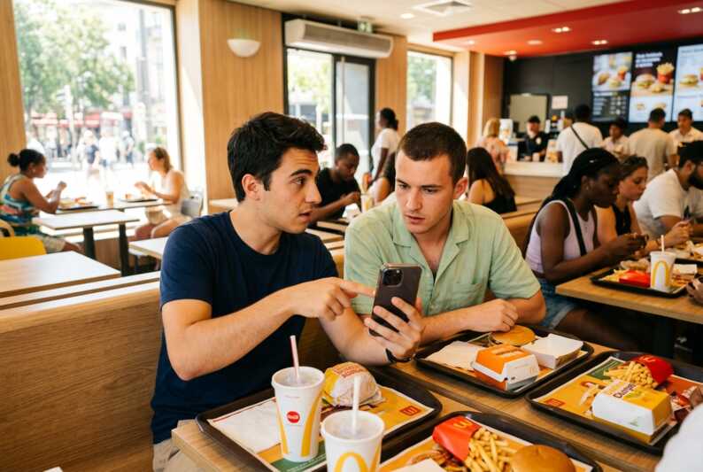 Un homme montre une alerte de tentative d'arnaque par SMS sur son smartphone à un ami dans un fast-food.