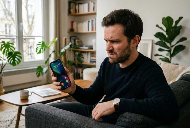 Un homme de 35 ans regarde un appel masqué sur son smartphone avec une expression agacée dans un salon.