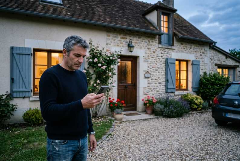 Un homme regarde une notification de sécurité sur son smartphone devant sa maison en début de soirée.
