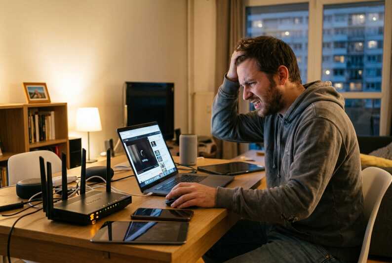 Un homme mécontent devant son ordinateur à cause d'une connexion Wi-Fi lente due à des interférences.