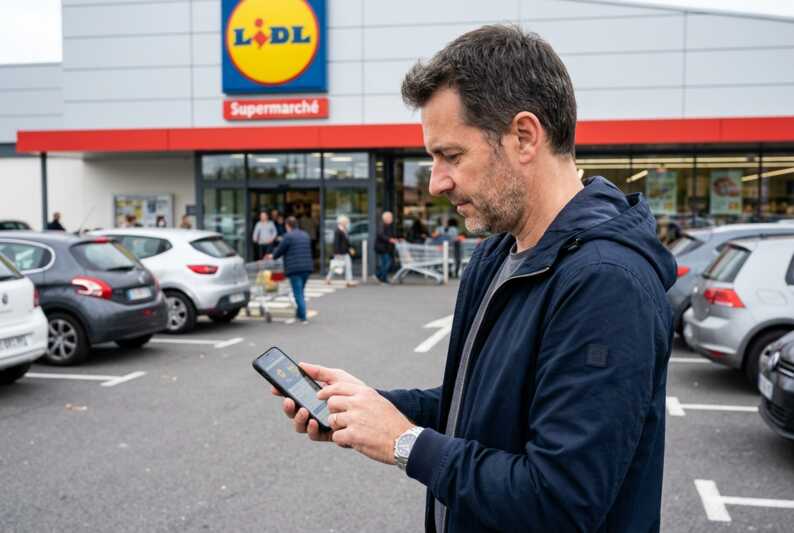 Un homme regarde son smartphone sur le parking devant un magasin LIDL.