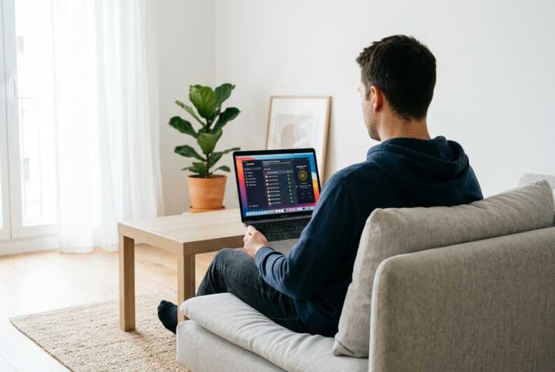 Un homme assis sur un canapé regarde une liste de serveurs Netflix sur l'application CyberGhost VPN.