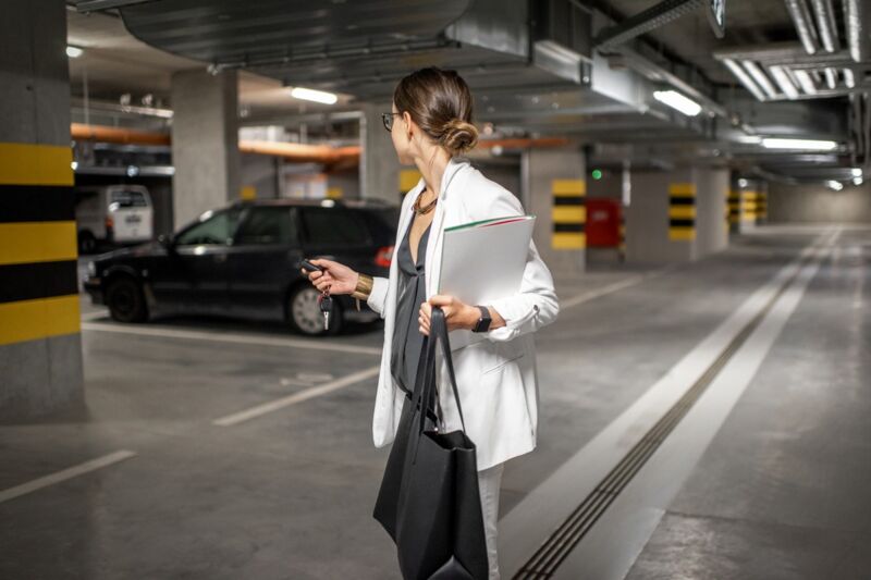 Femme apeurée dans un parking souterrain