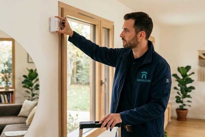 Technicien Nexecur installant un capteur d'alarme sur un mur intérieur près d'une fenêtre.