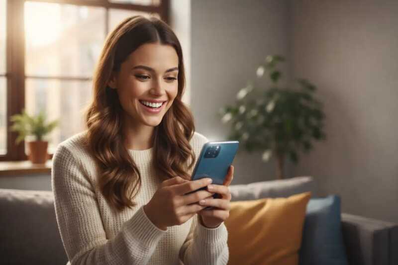 Une femme est satisfaite de son forfait 5G
