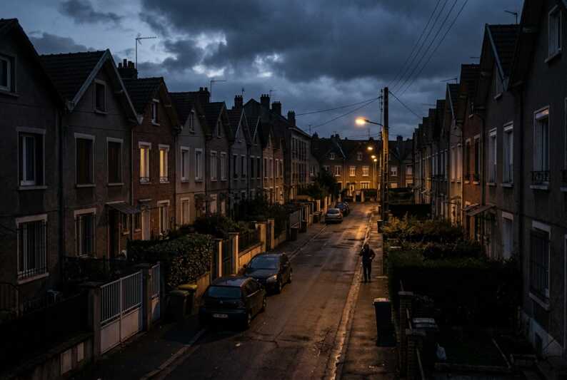 Vue aérienne d'un lotissement urbain dense à la tombée de la nuit.