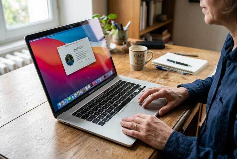 Mains d'un utilisateur sur le trackpad d'un MacBook Pro argenté posé sur un bureau en bois.