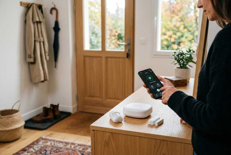Matériel d'alarme Nexecur et smartphone sur une console dans une entrée en automne.