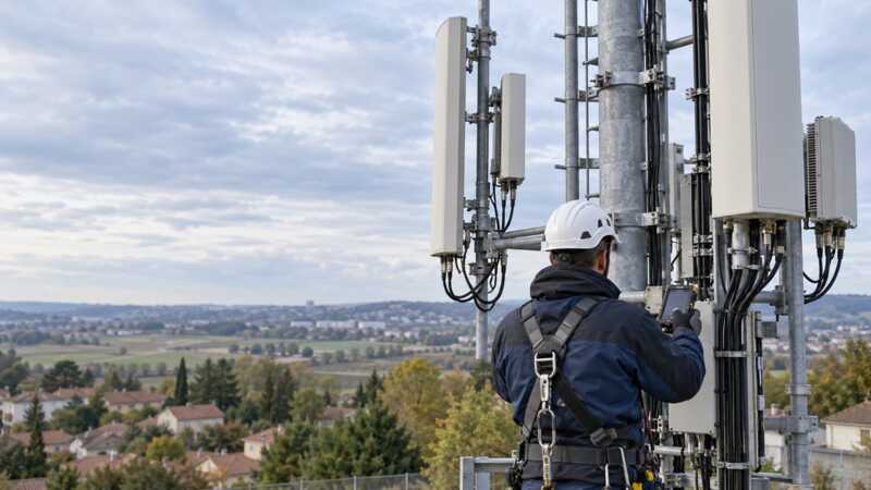 Un technicien s'occupe de la maintenance d'une antenne de téléphonie mobile
