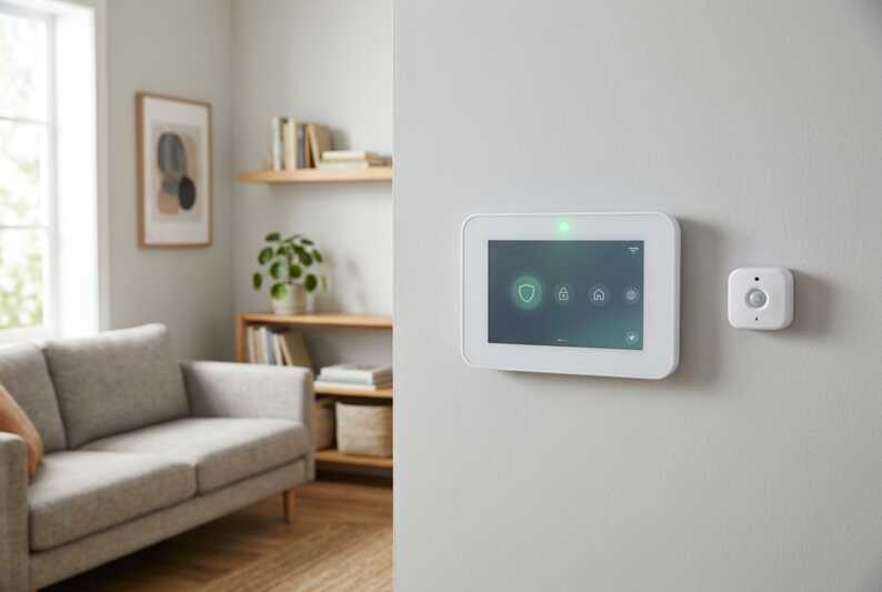 Panneau de contrôle de sécurité sans fil fixé au mur dans un salon avec un capteur de mouvement à proximité.