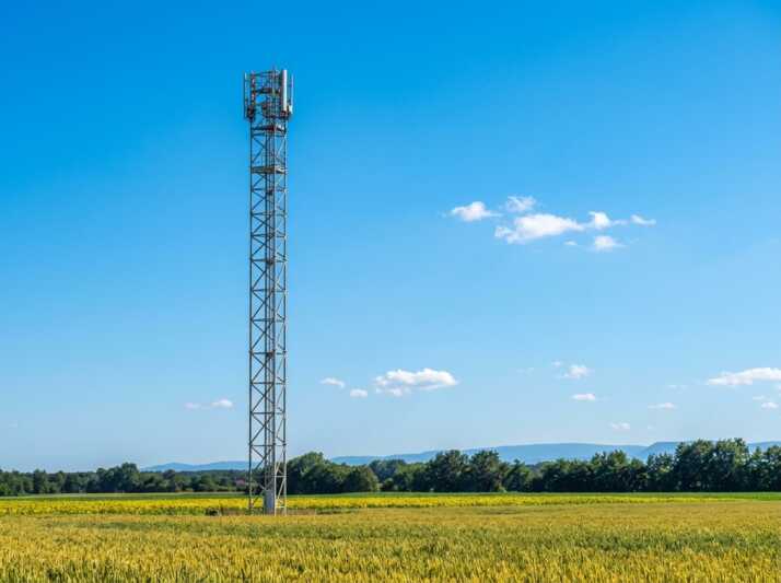 Pylône de télécommunications métallique dans un champ sous un ciel bleu ensoleillé.