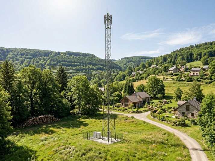 Pylône de télécommunications métallique installé dans une zone rurale avec des maisons et des collines boisées.