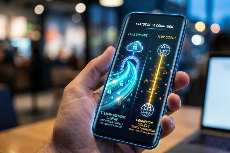 Smartphone stylisé affichant deux flux de connexion divergents, l'un protégé par un tunnel chiffré lumineux, l'autre en connexion directe, sans marque visible