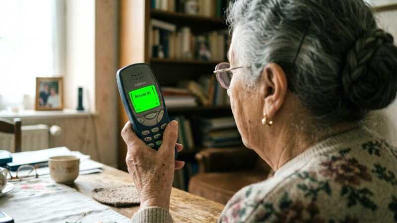 Une personne âgée regarde son vieux téléphone 2G qui indique "Réseau Hors service"