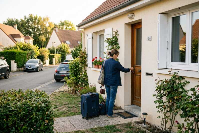 Une personne rentrant de vacances ouvre la porte d'entrée de sa maison pavillonnaire avec une valise.