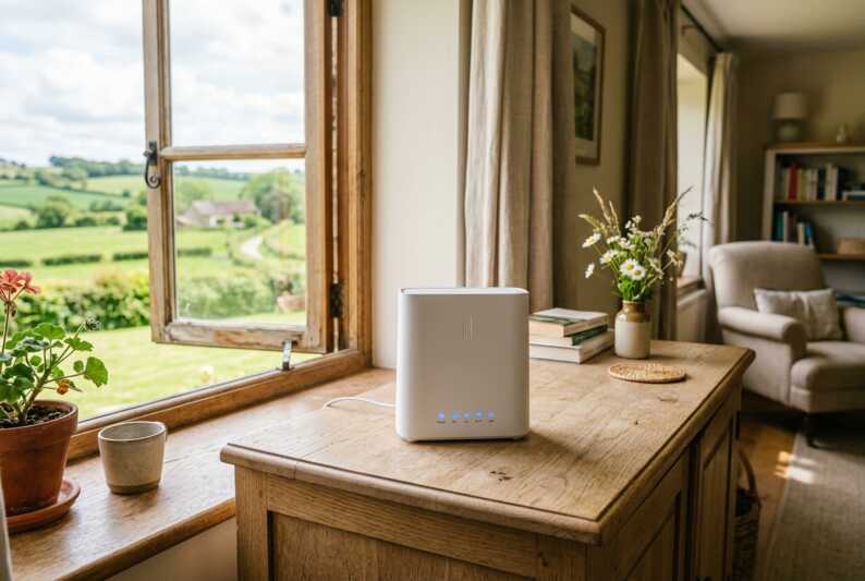 Routeur 5G blanc sur un meuble en bois devant une fenêtre ouverte sur un paysage rural.