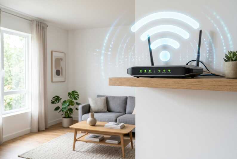 Routeur fibre optique avec voyants allumés fixé au mur dans un salon.