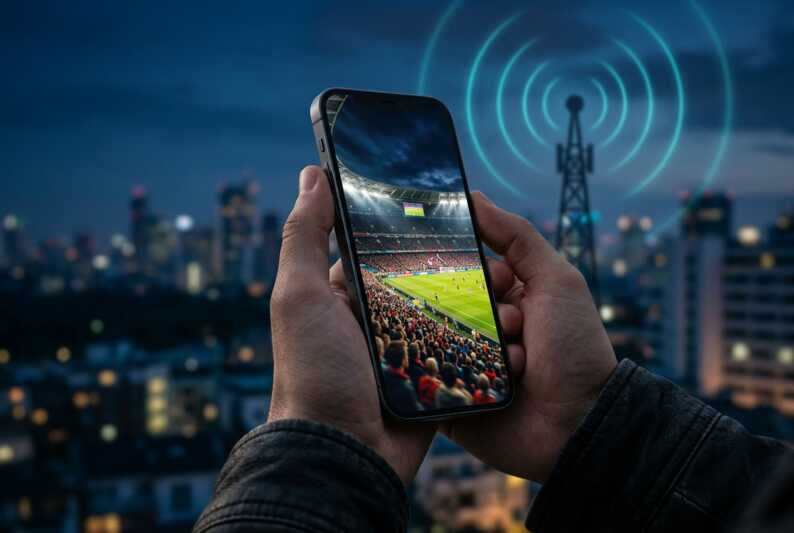 Smartphone tenu en main affichant un flux vidéo, avec une antenne et une ville en arrière-plan.