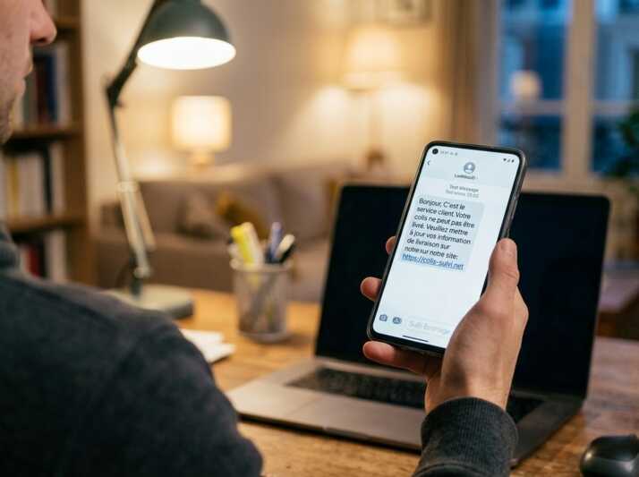 Gros plan sur un écran de smartphone affichant un SMS de tentative de phishing concernant une livraison de colis.