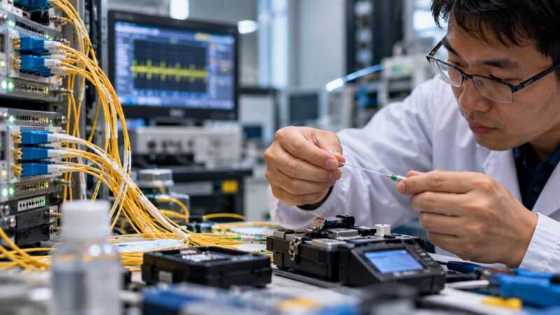 Un technicien chinois teste une fibre optique dans un laboratoire