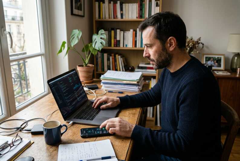 Homme travaillant sur un ordinateur portable et un smartphone à un bureau en bois dans un appartement.