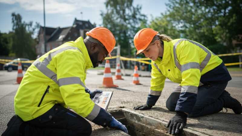 Des techniciens inspectent un fourreau télécom dans la rue