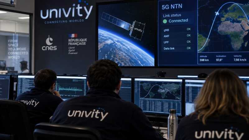 Équipe d'Univity dans une salle de contrôle, devant des écrans affichant une connexion 5G NTN par satellite