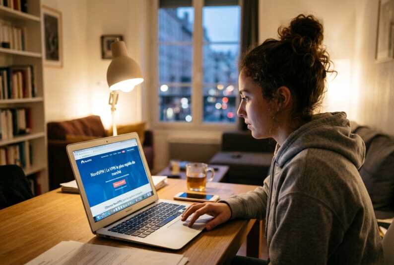 Personne utilisant un ordinateur portable pour consulter le site web de NordVPN.