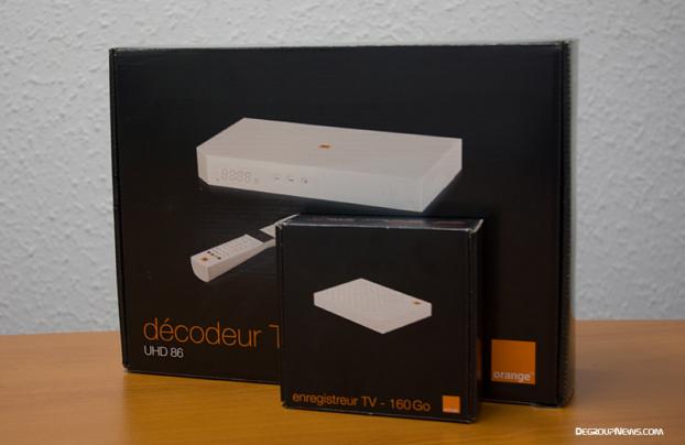 Boîtes du décodeur Orange Sagem UHD 86 et du disque dur