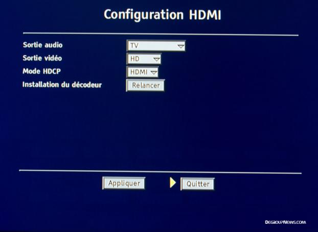 Menu HDMI du décodeur