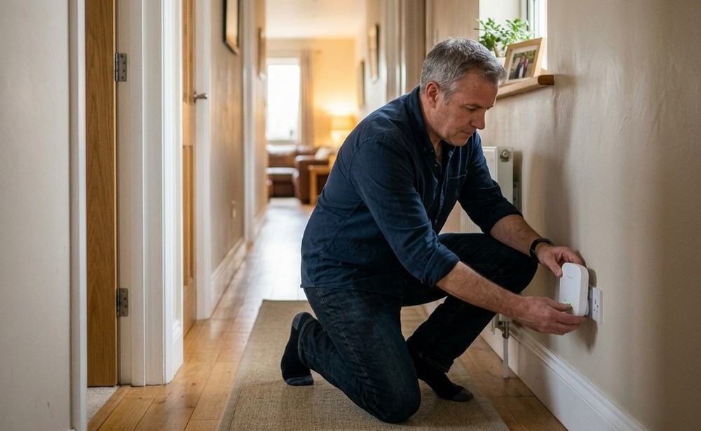 Un homme installe un répéteur Wi-Fi dans le couloir de sa maison