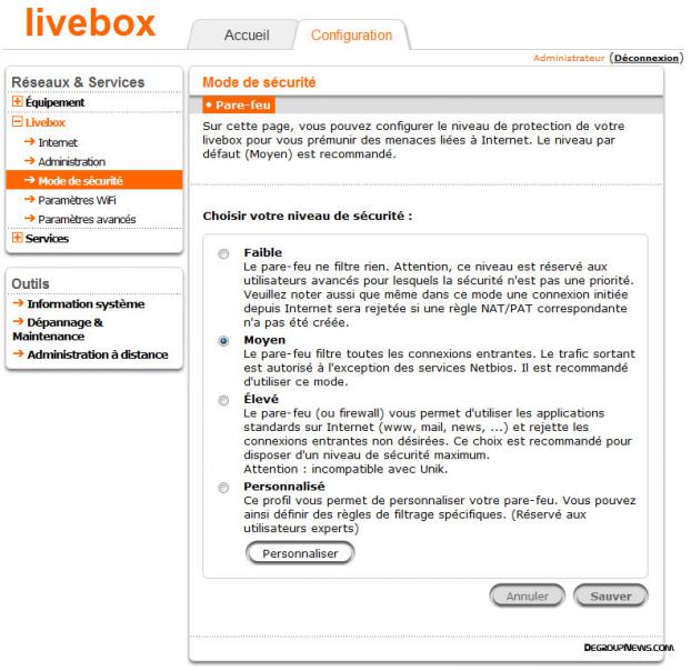 Livebox : Mode de sécurité
