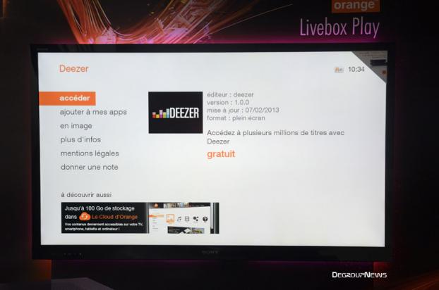Fiche de l'appli TV Deezer sur Livebox Play