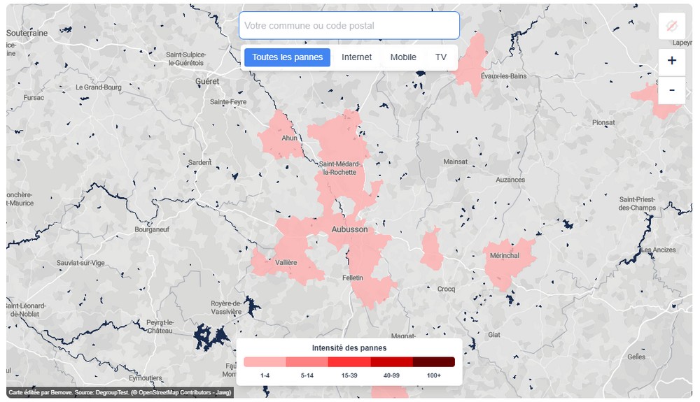 Carte des pannes free mobile près d'Aubusson dans la Creuse ce 12 octobre 2026